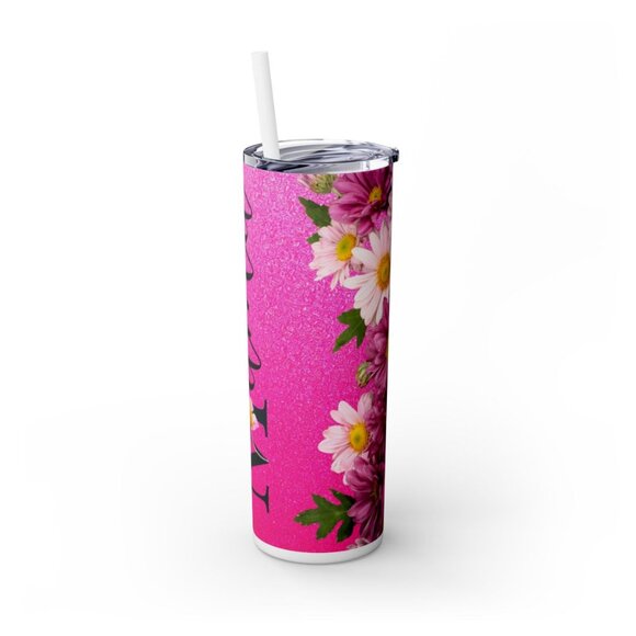 Mama Skinny Tumbler with Straw, 20oz | Floral Glitter Drinkware - Picture 4 of 5